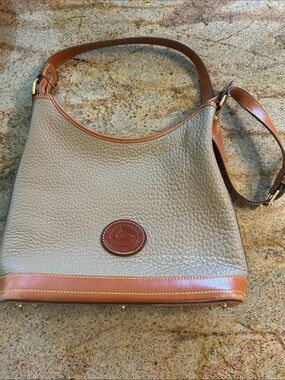 Dooney & Bourke Taupe Pebbled Leather Shoulder Bag with Brown Trim